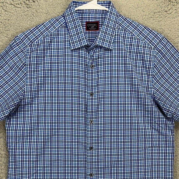 Untuckit Button Up Shirt Adult Large Blue White Check Slim Fit Short Sleeve Mens